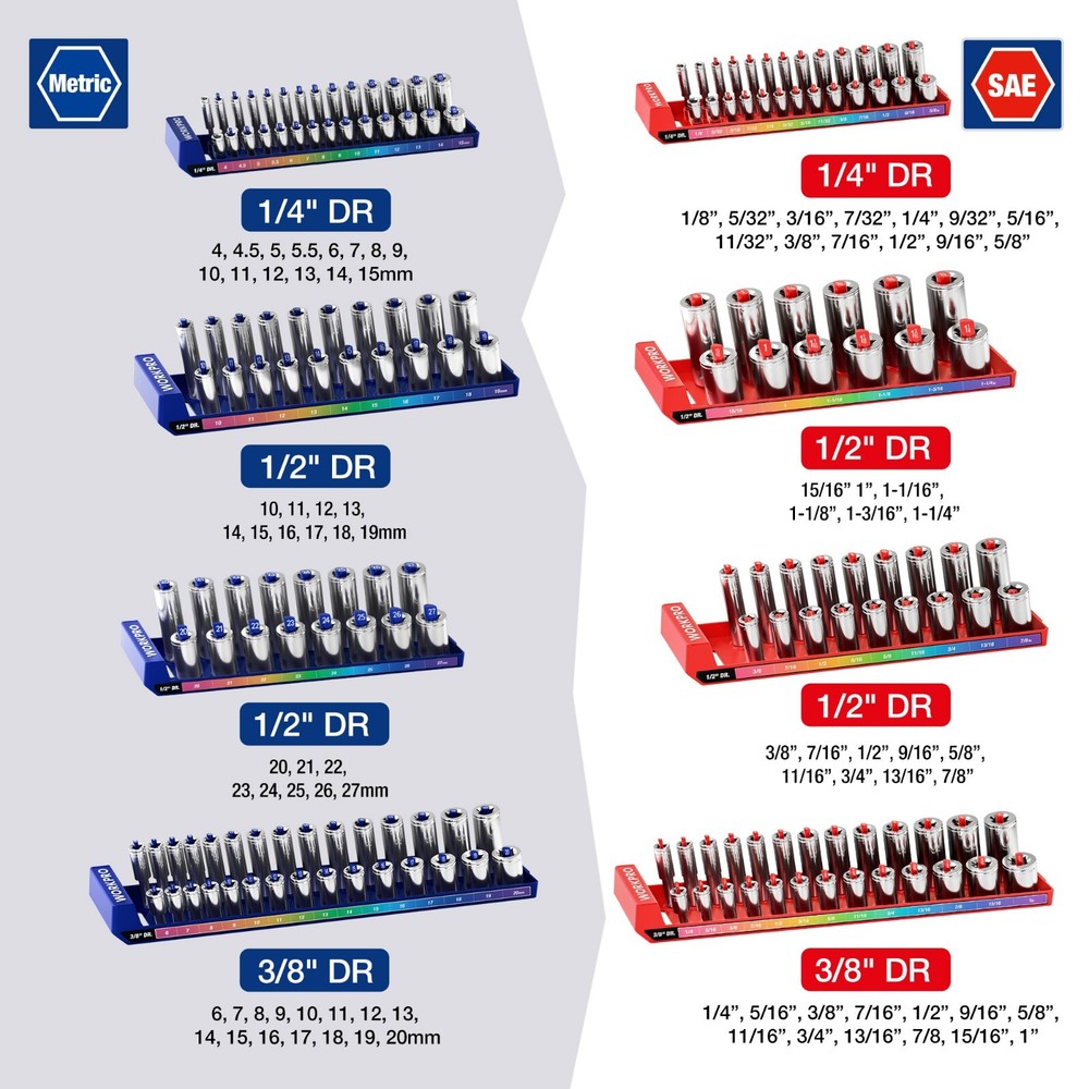 WORKPRO Socket Organizer Set 1/4", 3/8", 1/2" Drive Metric & SAE Socket Trays