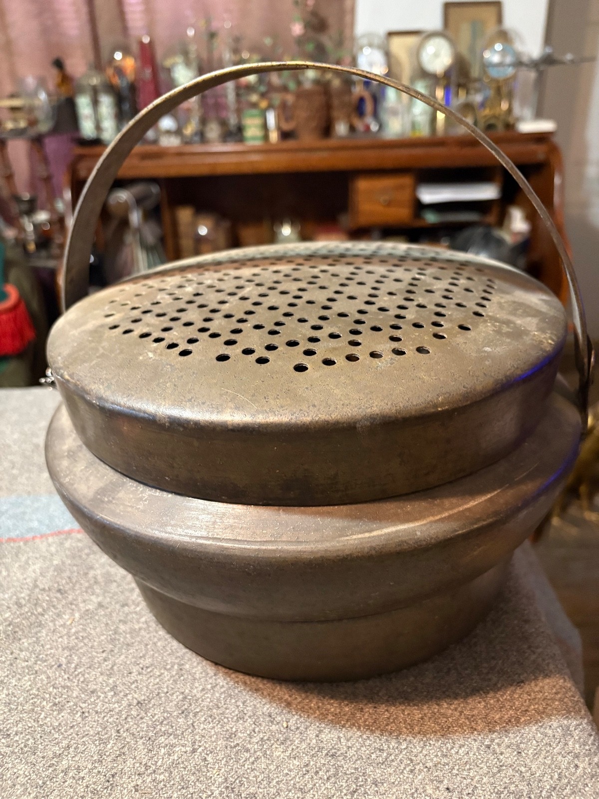 Antique Chinese bronze Hand Warmer w. lid & Handle 11" x 6"