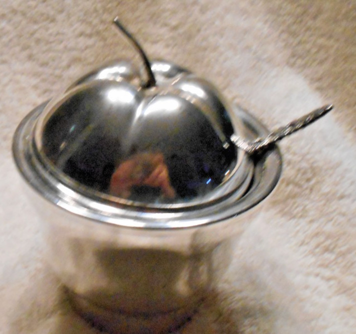 Set of 2 Silverplate Apple Style Jam/Preserves Containers with Spoons