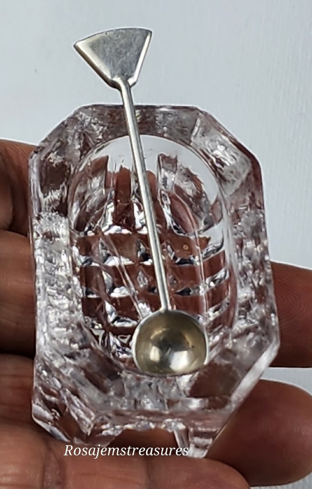 Vintage Open Footed Crystal Salt Cellar (Rectangular) with 925 Silver Spoon