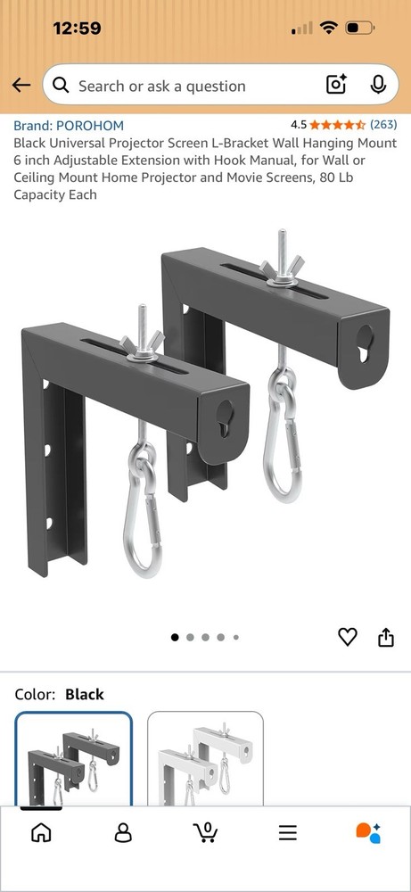 6" Projector Screen Mounting Brackets with Adjustable Hooks for Wall or Ceiling