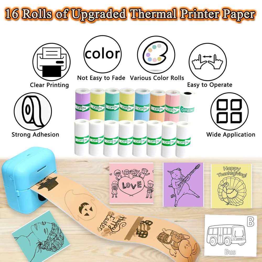 Thermal Sticker Paper - 16 Rolls Mini Printer Paper for Mini Sticker Printer,...