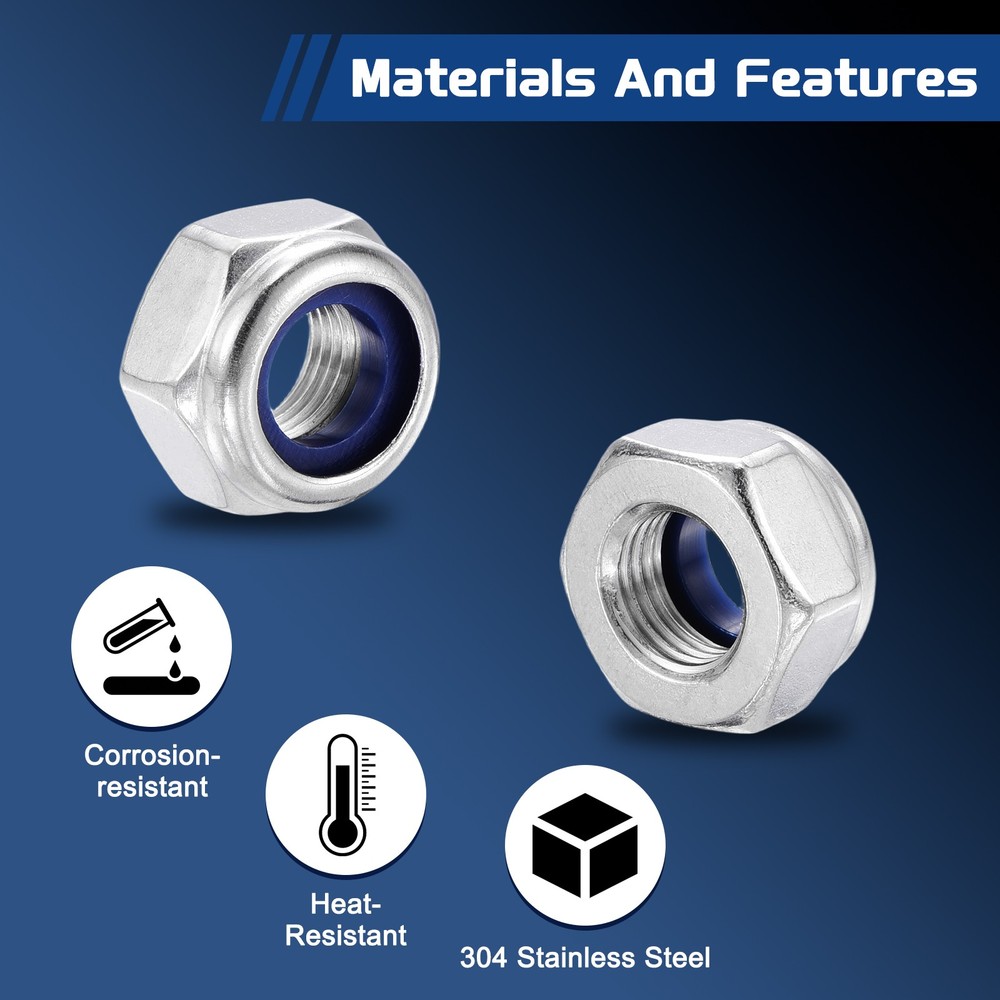 20Pcs Nylon Lock Hex Nuts - [M10-1], 304 Stainless Nuts, Silver