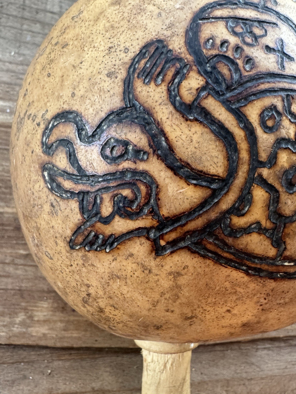 Vintage Decorated Gourd Rattle Turtle Design Folk Art Handcrafted