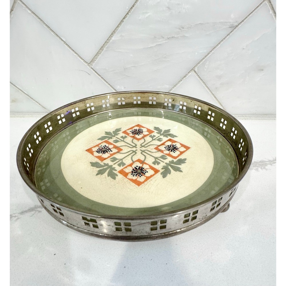 Antique Villeroy & Boch Dresden Ceramic & Silverplate Tray, c. 1900–1920