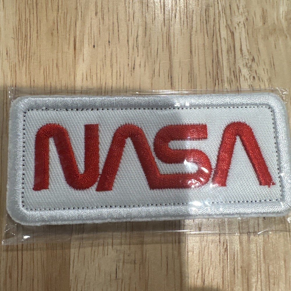 NASA Worm Logo Embroidered Patch White Red Hook and Loop Backing Retro Space