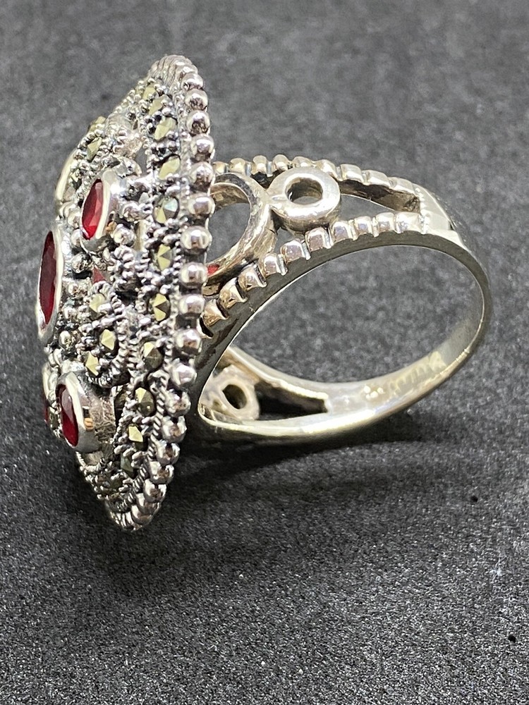 Beautiful 925 Silver Ruby-Marcasite Ring Size 9 W 13.2 Gr.