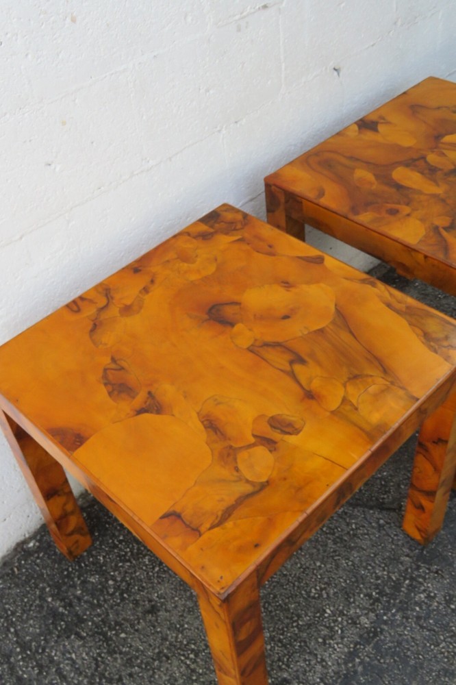 Italian Hollywood Regency Modern Patchwork Inlay Side End Tables a Pair 5966