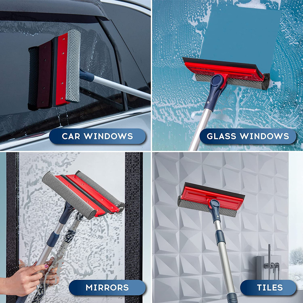 Professional Window Squeegee | 2-In-1 Window Cleaner Sponge and Soft Rubber Stri