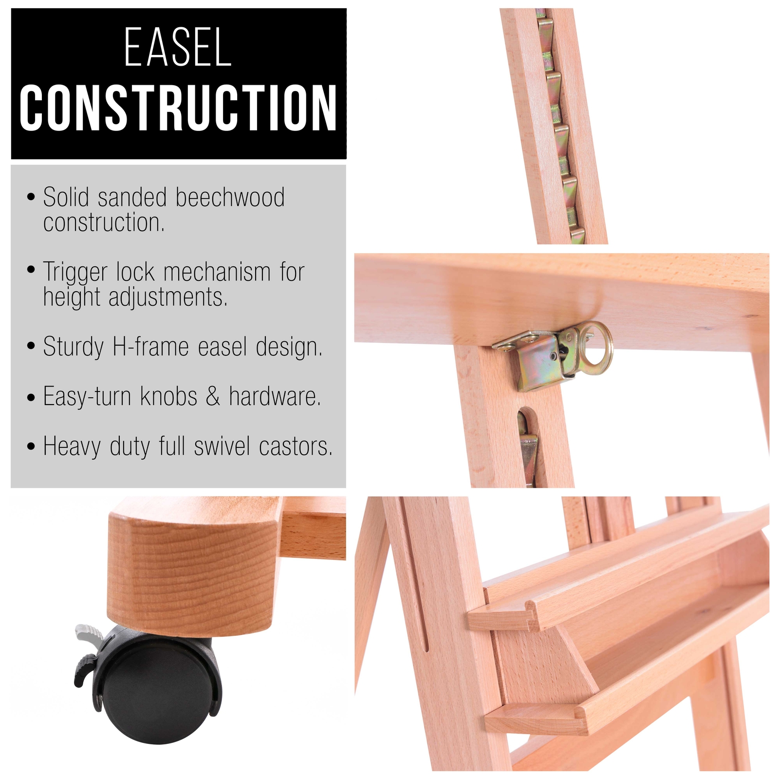 Wooden Beechwood Adjustable H-Frame Studio Easel, Artist Tray Wheels Hold Canvas