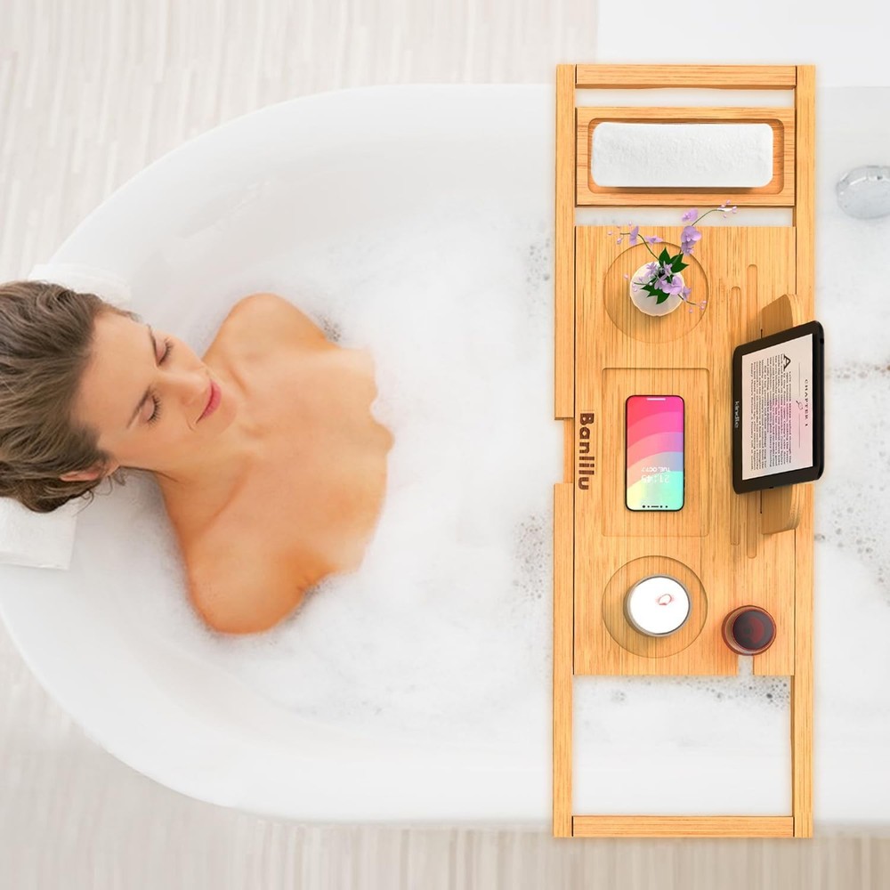 Luxury Expandable Bamboo Bathtub Tray - Rectangular Bath Natural Wood