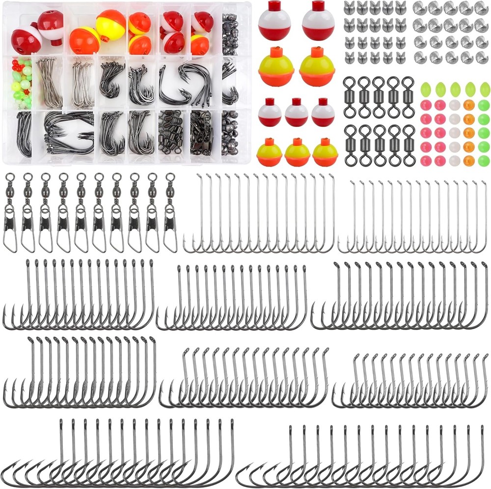 Fishing Hooks Bobbers Tackle Kit, 250pcs Basic Box black