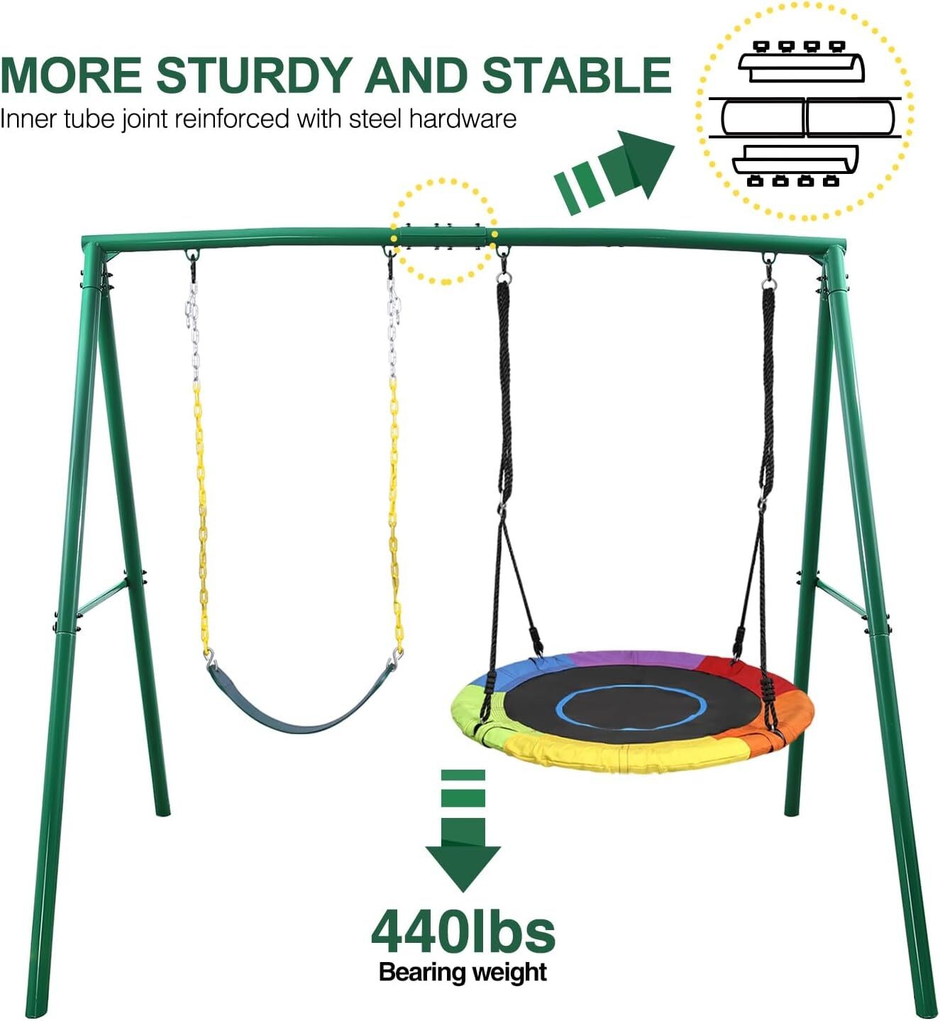 440lb 2 Seat Backyard Swing Set Heavy Duty Metal Frame Swing Set with Two Swings