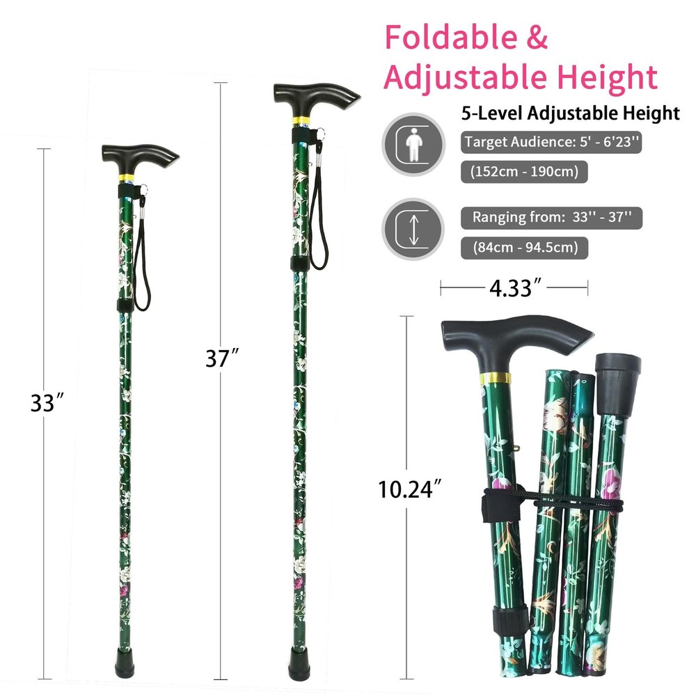 CLOKTA Folding Cane, 5-Level Adjustable Height Lightweight Portable Foldable ...