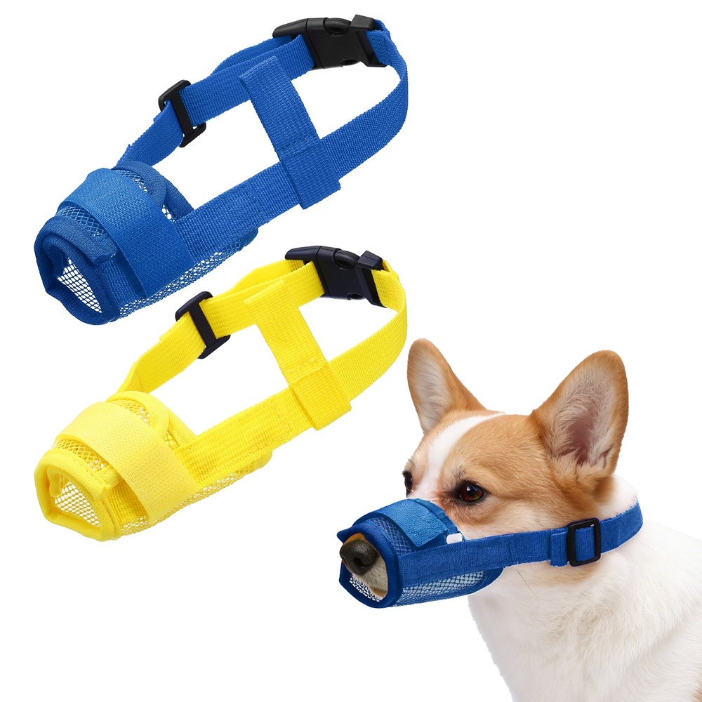 2Pcs Dog Muzzle Soft Mesh Muzzle Mouth Guard Cover Yellow Blue S
