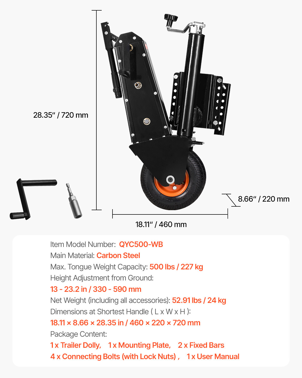 Trailer Dolly 500lbs Tongue Weight Capacity 13 to 23.2 inch Height Adjustable