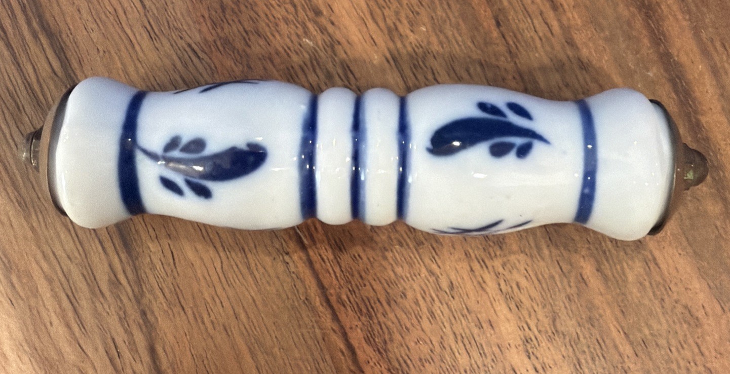 vintage delft blue and white ceramic handle, found on copper kettles, teapots