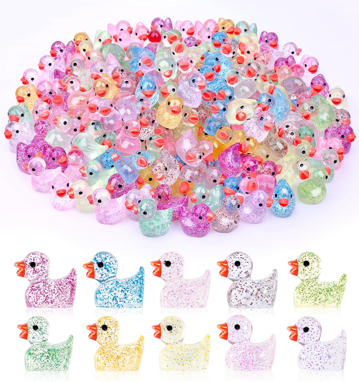 100pcs Mini Colorful Glitter Resin Ducks, Tiny Resin Duck Miniature Animals Bulk