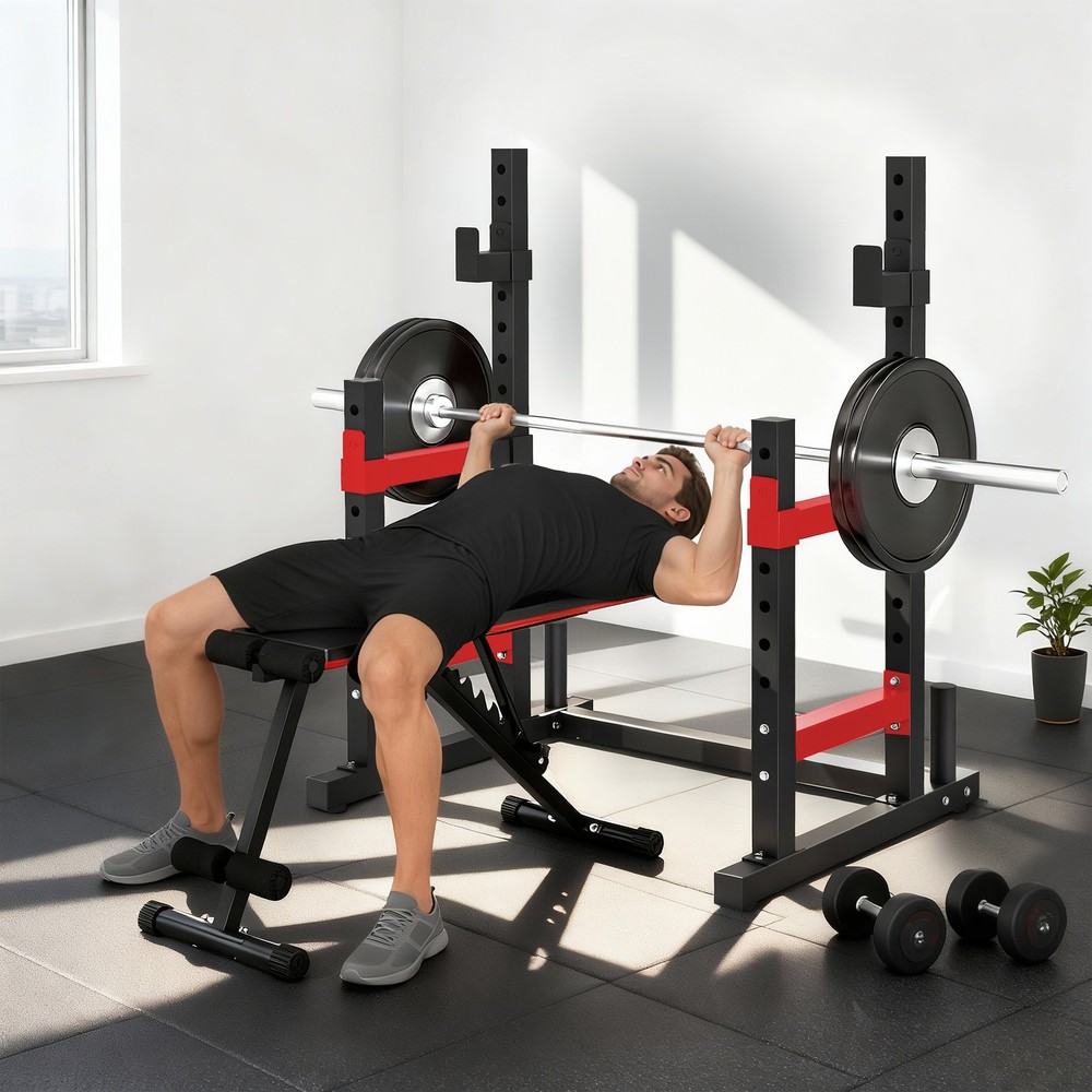 Squat & Bench Press Rack, Adjustable Hooks, 660LB Capacity w/ Plate Holders