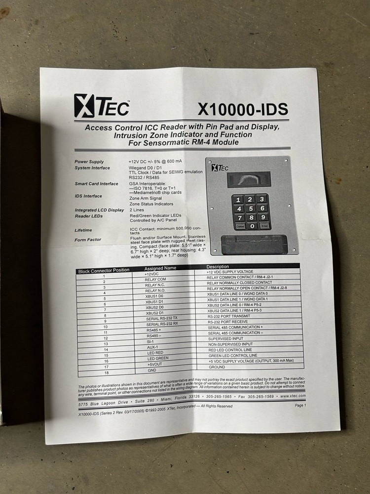 Xtec X10000-IDS Access Control Reader with Pin Pad and Display Open Box