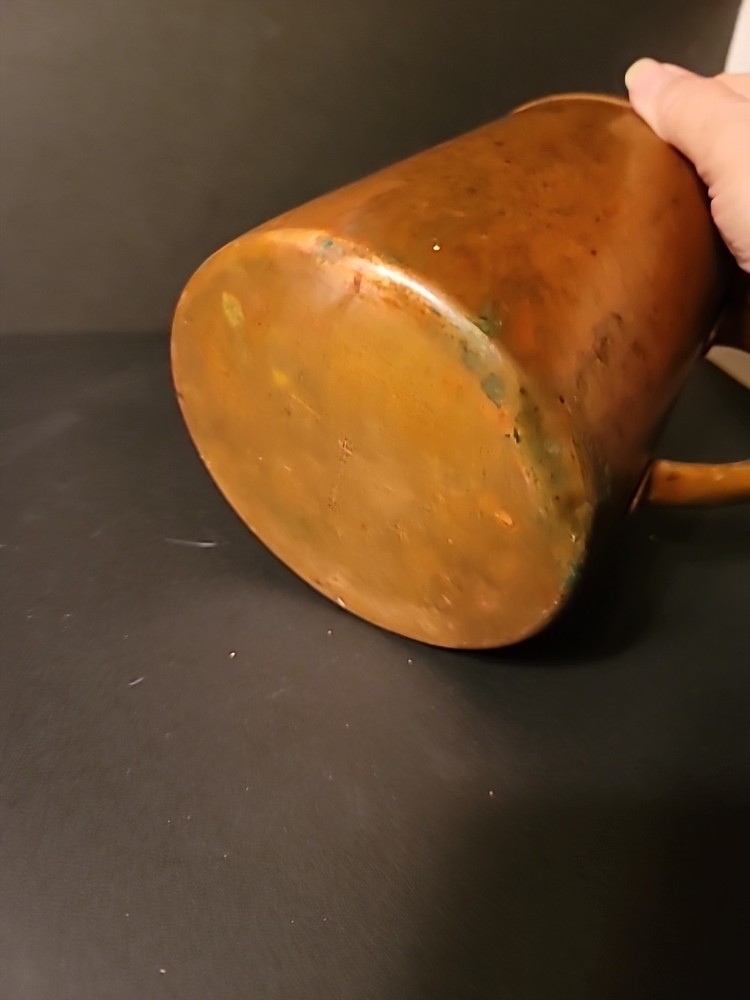 Antique Primitive 7" Tall Solid Copper Pitcher Sturdy Copper Handle Heavy