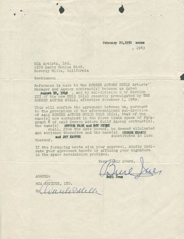 BURL IVES - DOCUMENT SIGNED 02/20/1950