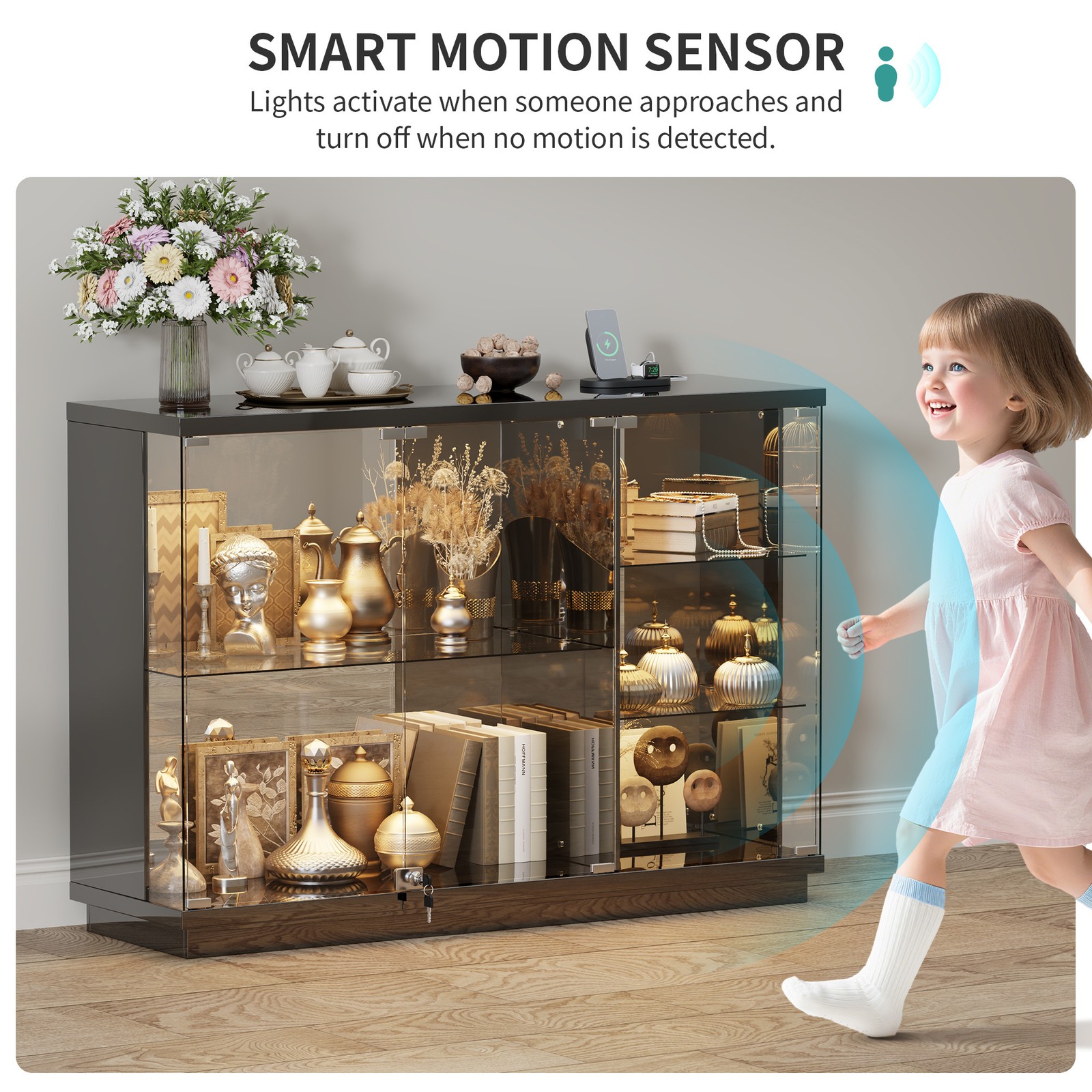 Gurexl Glass Display Cases with Human Sensor and 3 Color Lights for Collectibles