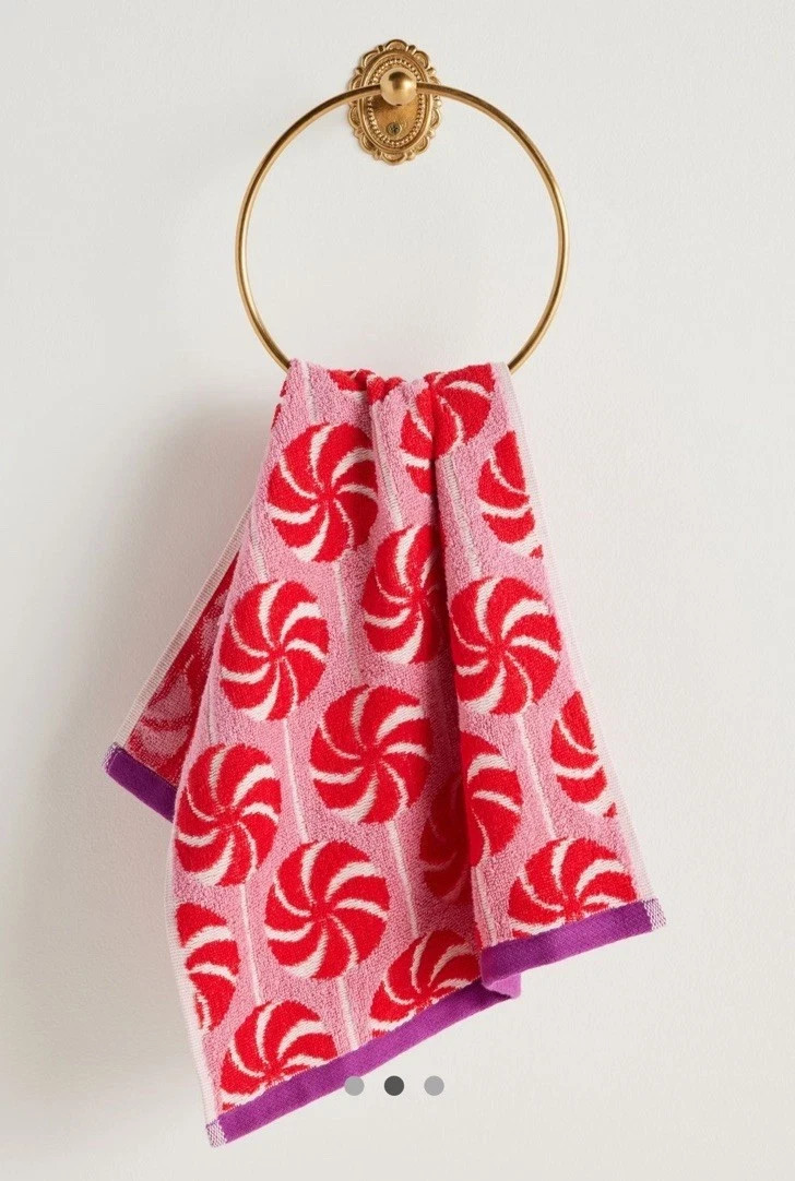 Anthropologie Peppermint Holiday Cotton Hand Towel Red Pink Christmas Bath NEW