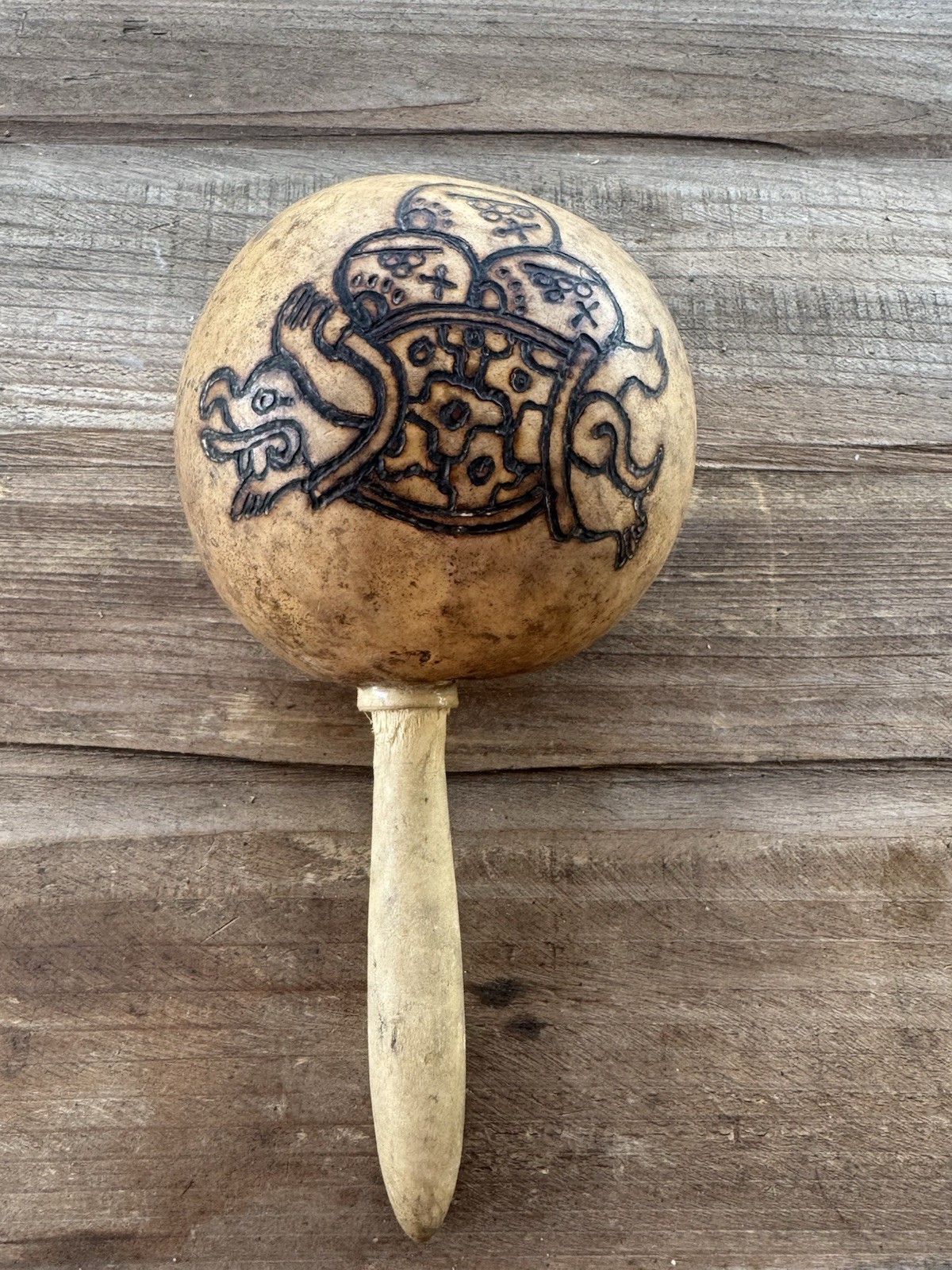 Vintage Decorated Gourd Rattle Turtle Design Folk Art Handcrafted