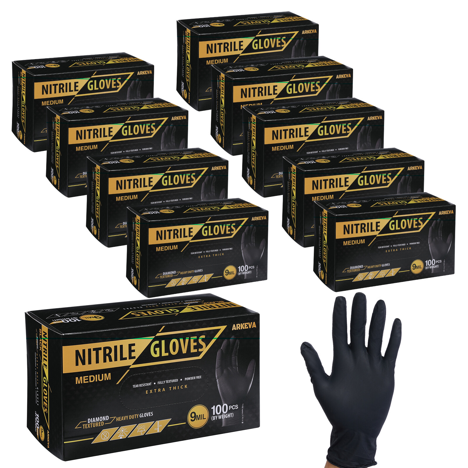 Heavy Duty Black Industrial Nitrile Gloves with Raised Diamond Texture, 9-mil