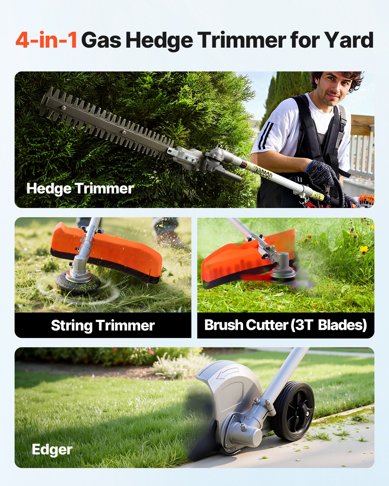 VEVOR 4-in-1 Gas Hedge Trimmer 2 Cycle 26cc Gas Powered Handheld Hedge Trimmer
