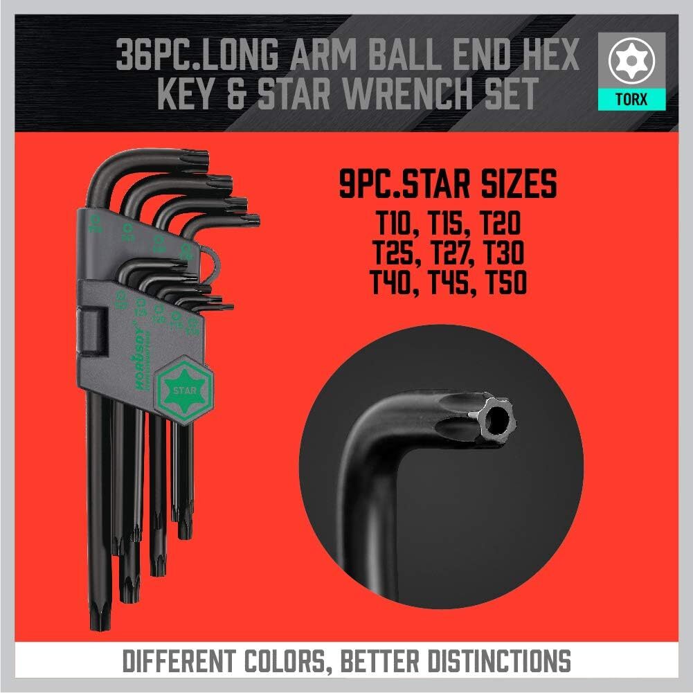 36 PC Long Arm Ball End Hex Key Allen Wrench Set Inch Metric Star With Bag Gift