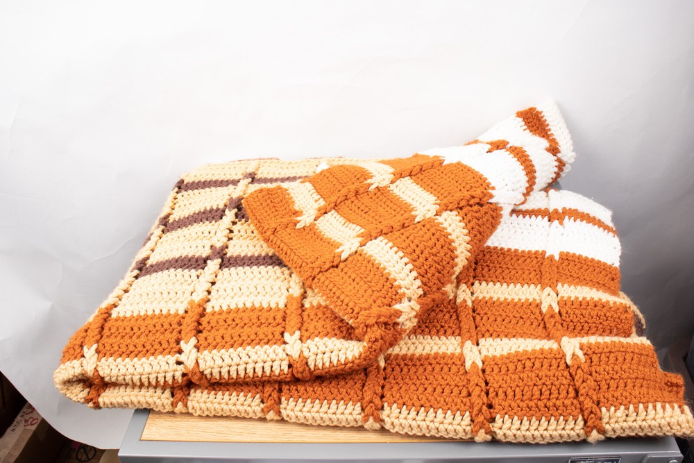 Afghan Throw White Tan Brown Rust 75" X 48"