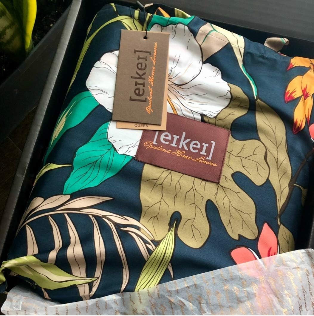 Eikei Midnight Teal Botanical Duvet Cover Egyptian Cotton Bedding Super King Set