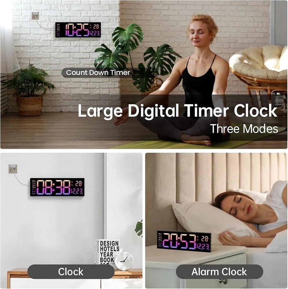16" BIG DIGITAL LED CLOCK WALL MOUNT LARGE NUMBERS TIMER DATE TEMPERATURE US