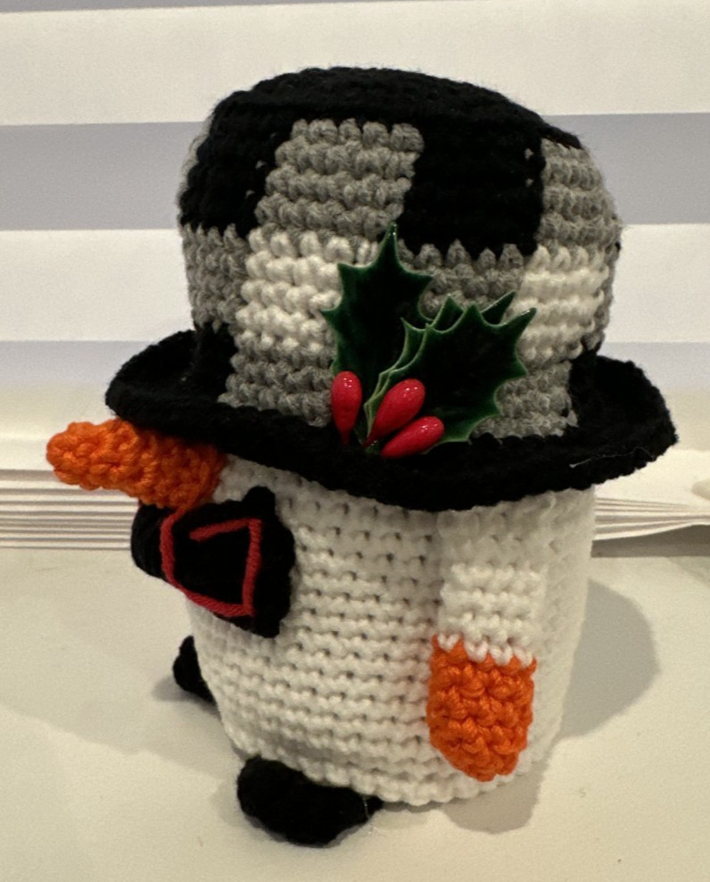 Handmade Crocheted Snowman with Plaid Hat