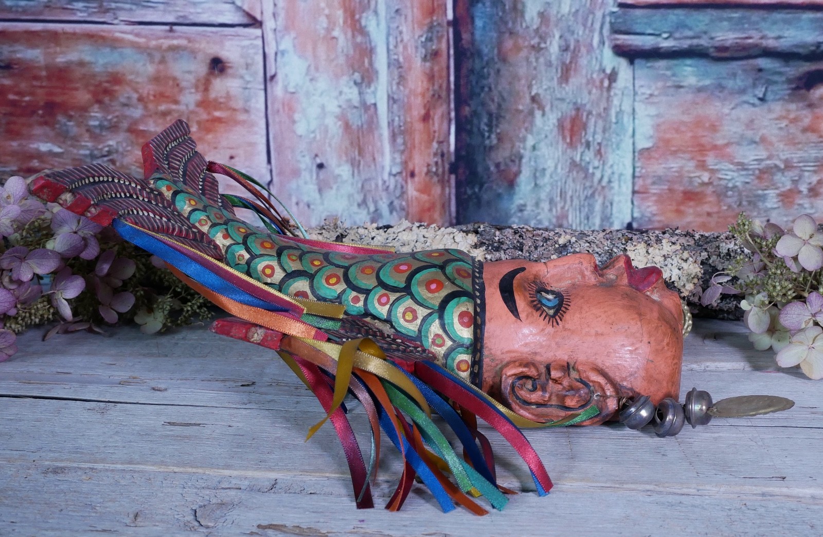 Merman Face & Fish Tail Mask Wood Hand Carved Painted Guerrero Mexican Folk Art