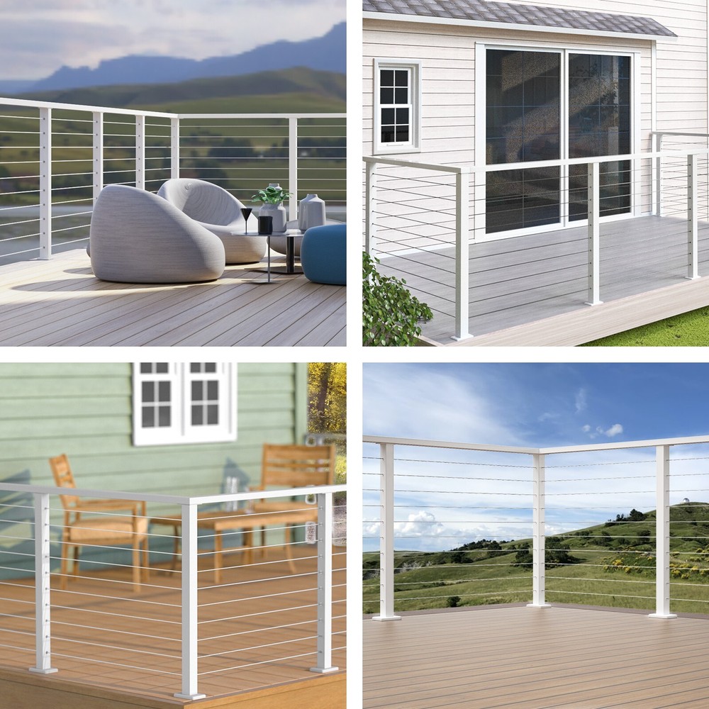Muzata 36"x2"x2" T-Corner Cable Railing Post White Flat Top Square Post PS02