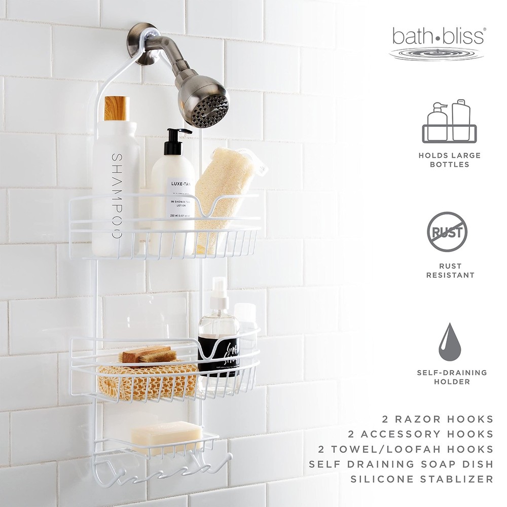 Bath Bliss Shower Caddy, 2 Large Baskets, Soap Dish, 6 Hooks, Rust Resistant