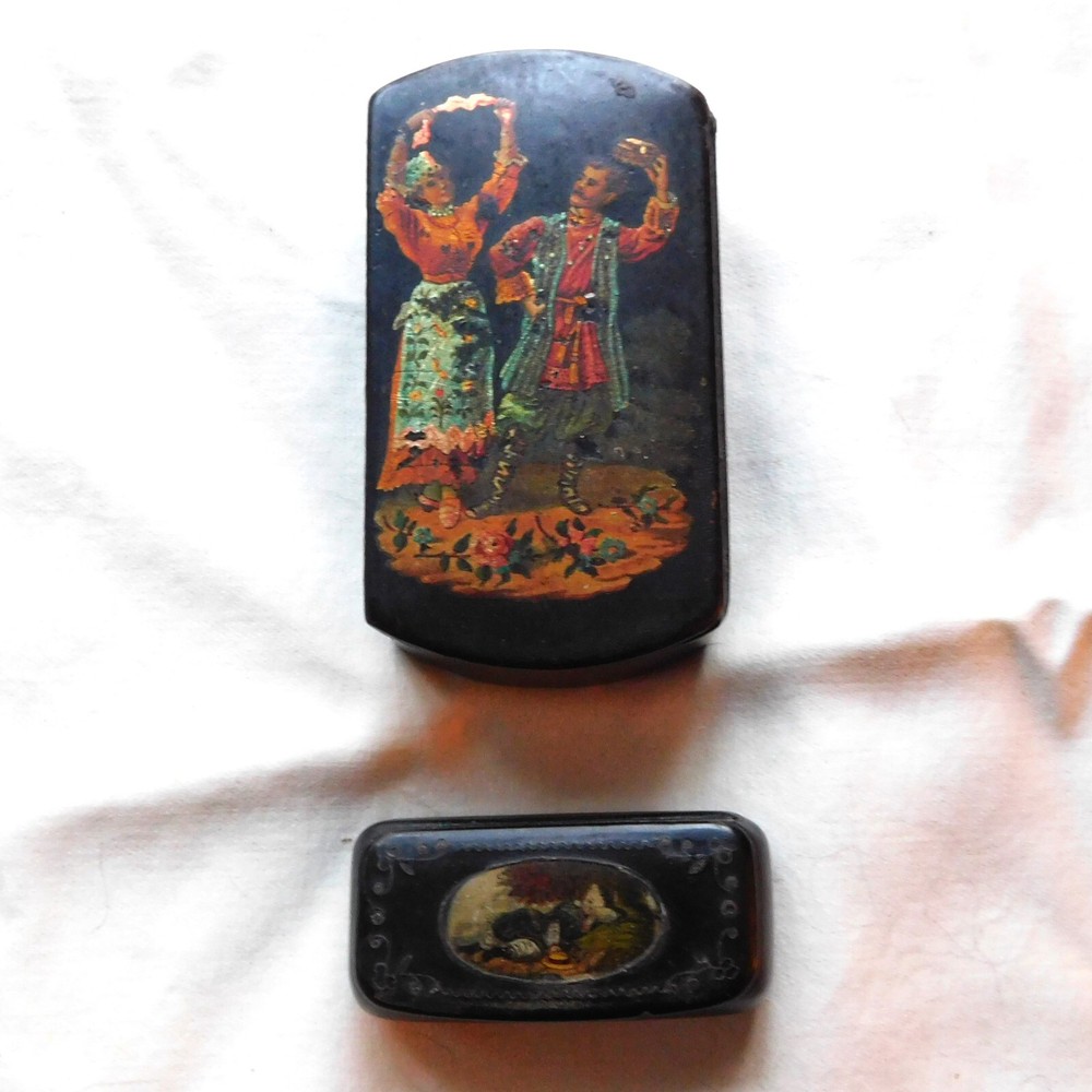 Two Antique Papier Mache Snuff Boxes