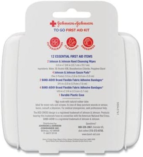 Johnson & Johnson Mini Travel First Aid Kit – 12 Essential Items, Compact Design