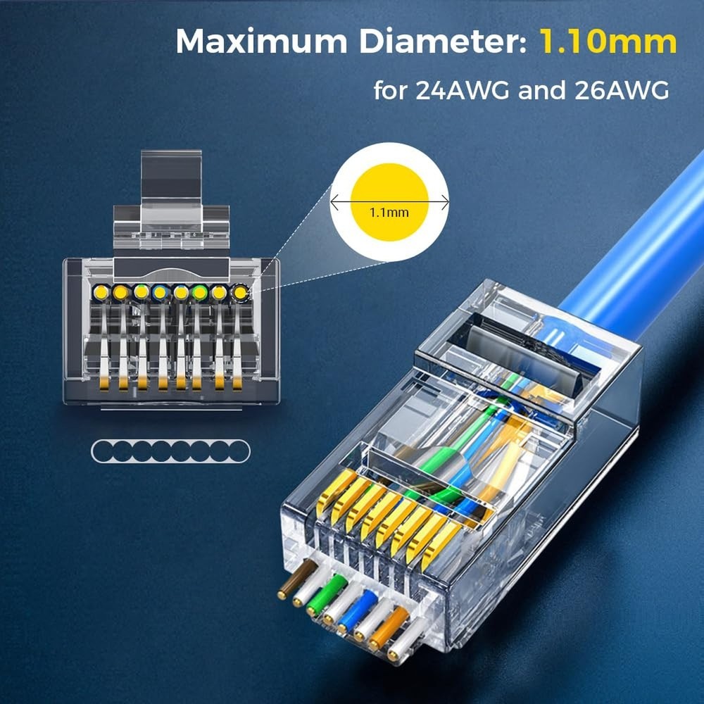 100-Pack RJ45 Cat6 Pass Through Connector RJ45 Modular Plugs for Solid or Str...