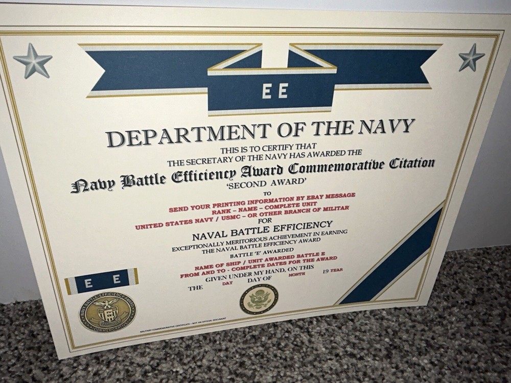 NAVY BATTLE E CITATION~2ND AWARD COMMEMORATIVE CERTIFICATE ~ TYPE-2 / W/PRINTING