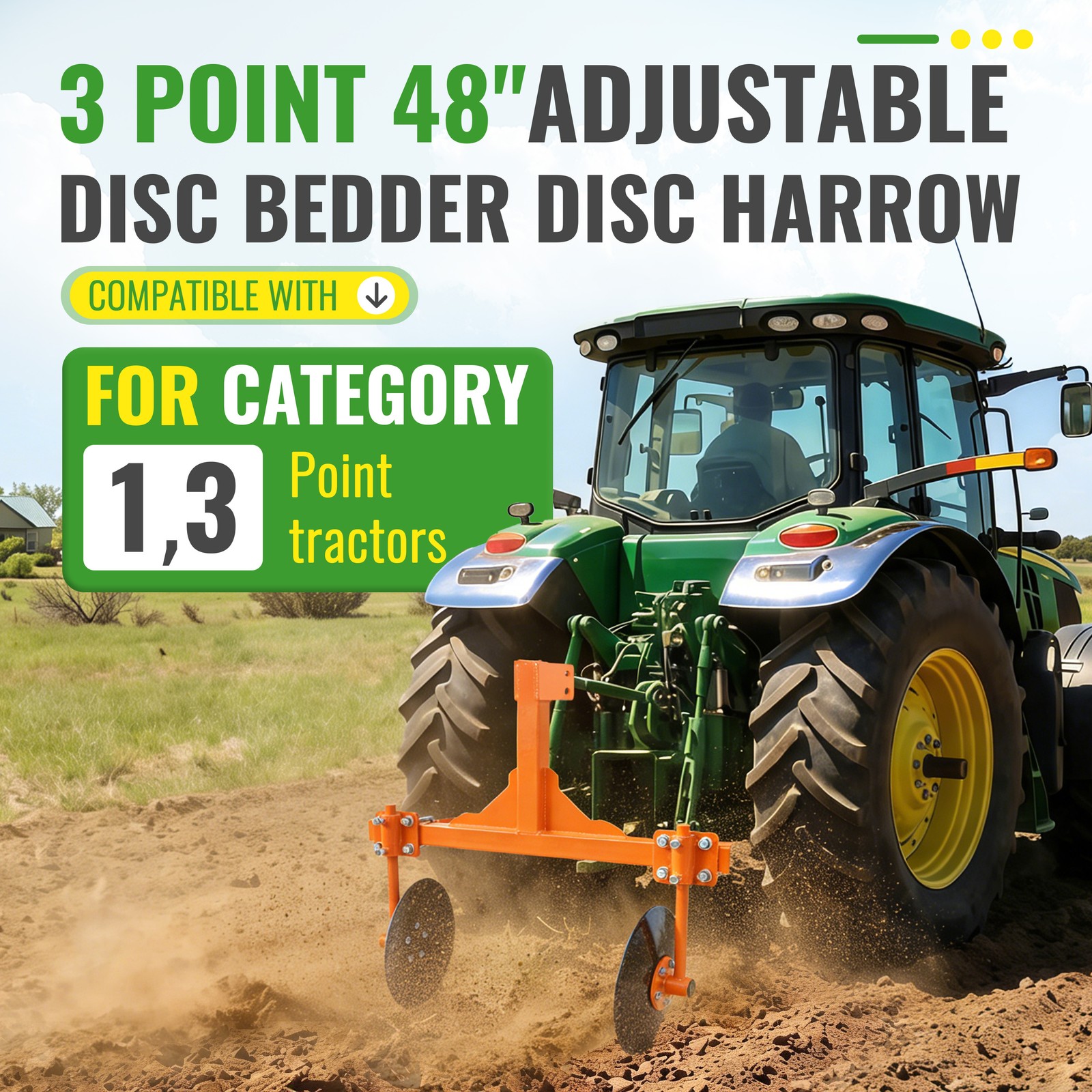 3 Point 48" Adjustable Disc Bedder Disc Harrow Fits Cat 1 Tractors, Quick Tach