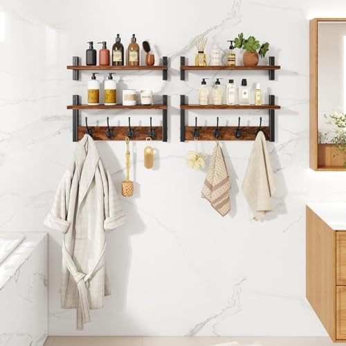 Coat Rack Wall Mount with Shelf, Two-Tier Wall Shelf Mounted with Rustic Brown