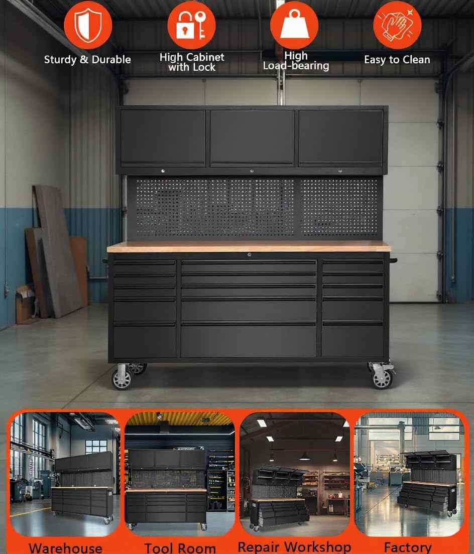 72-inch Heavy Duty Tool Chest Cabinet with 15 Drawers and 3 Upper Cabinets