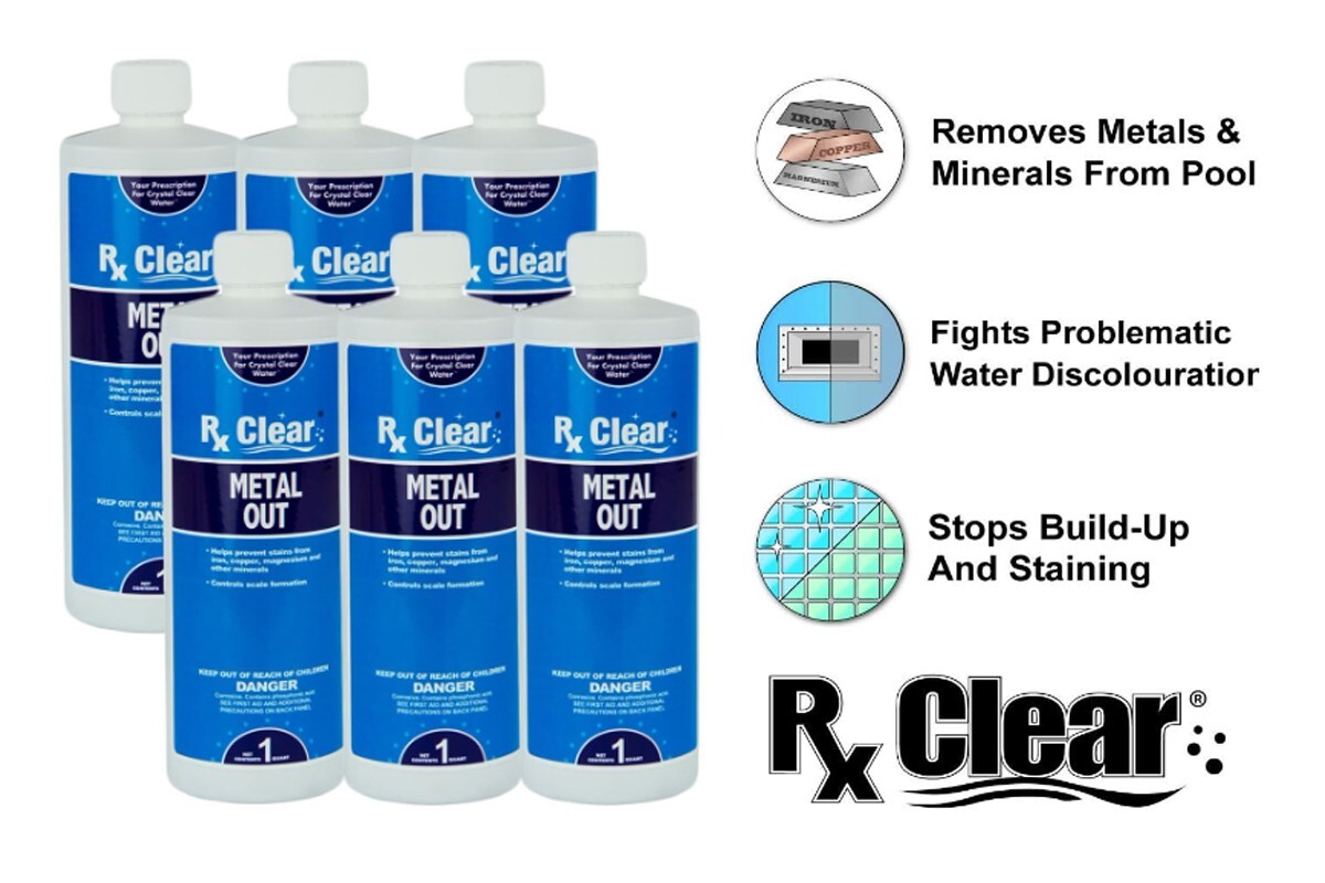 Rx Clear Swimming Pool & Spa Metal Out Chemical 1 Quart Bottle - 6 Pack