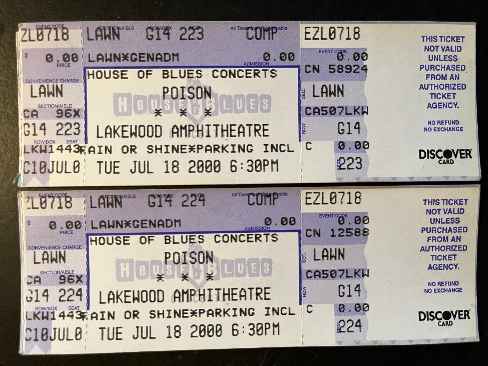 PAIR FULL UNUSED TICKETS POISON LAKEWOOD AMPHITHEATRE JULY 18, 2000