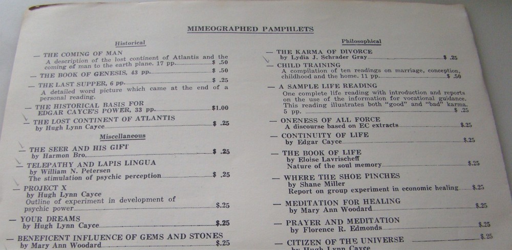 1950s Edgar Cayce Catalog A.R.E. Metaphysical Studies Research Enlightenment