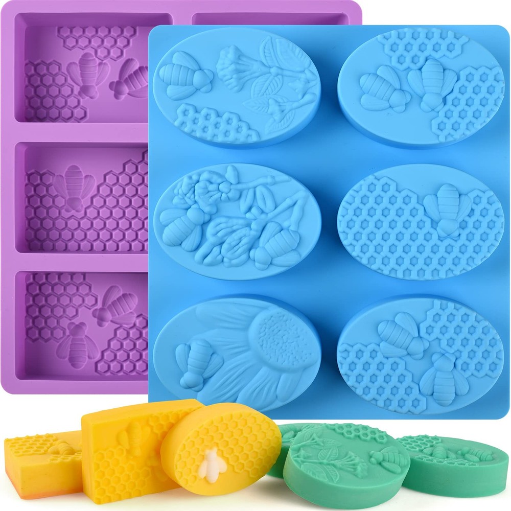 Sakolla 2 Pack Rectangular+Oval Honeycomb Bee Molds, Honeycomb/Purple & Blue